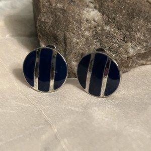 Small Round Navy and Silver Tone Earrings Clip On